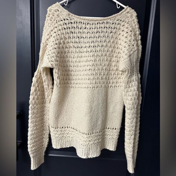 Free People Crashing Waves Pullover Chunky Knit Boho Sweater Ivory Wool Blend - Picture 4 of 8